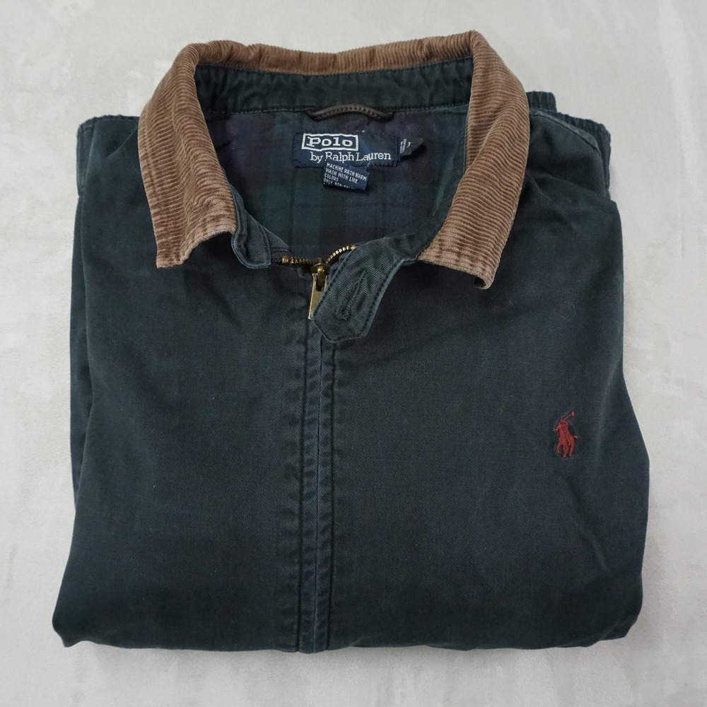 VTG Polo Ralph Lauren Jacket Mens L Harrington Black Corduroy Collar Plaid Lined